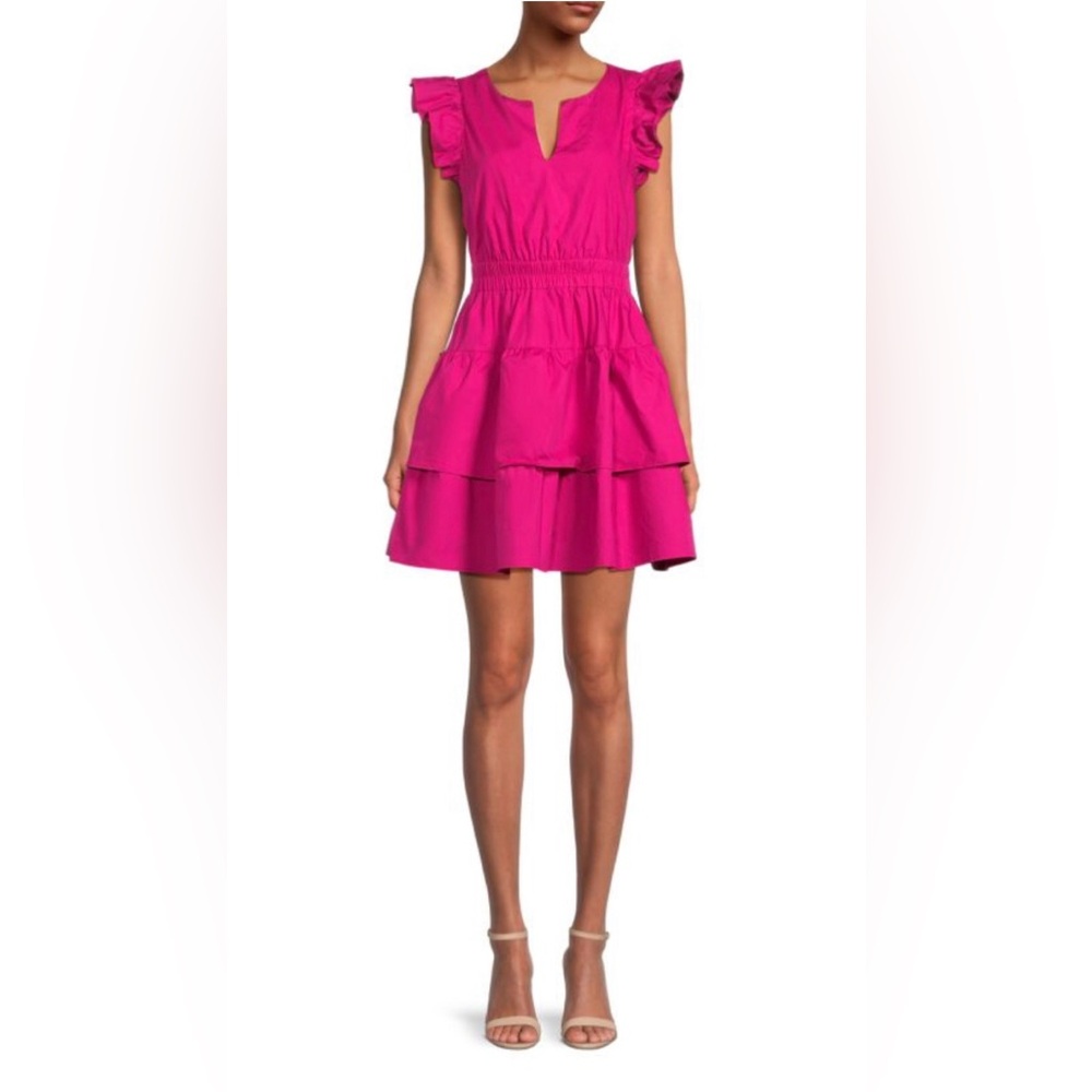 NWT Emmie Rose Flutter Sleeve Tiered Hot Pink Mini Dress 100% Cotton Size M